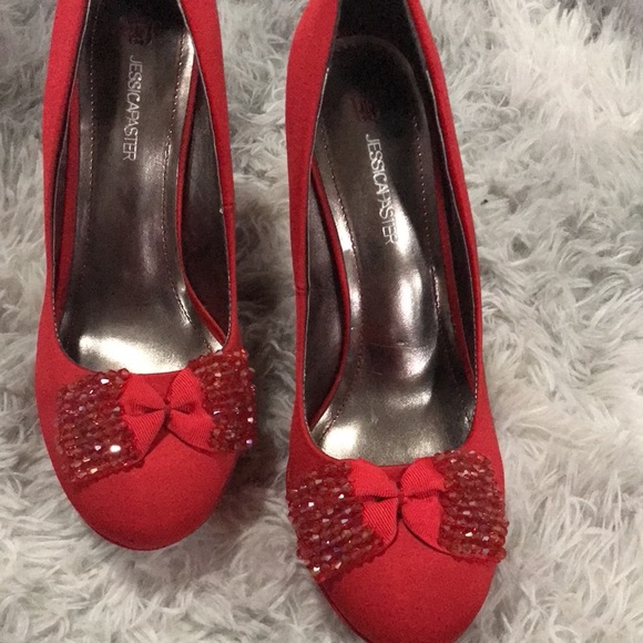 Jessica Paster Red Heels size 8.5 with bows - Picture 3 of 12